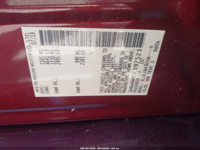 46112554 :رقم المزاد ، 1N4AA6AP0JC397523 vin ، 2018 Nissan Maxima 3.5 Sl مزاد بيع