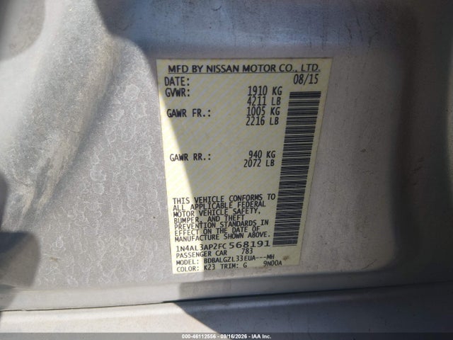 Продаж на аукціоні авто 2015 Nissan Altima 2.5 S, vin: 1N4AL3AP2FC568191, номер лоту: 46112556