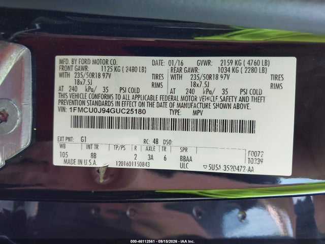 2016 Ford Escape Titanium მანქანა იყიდება აუქციონზე, vin: 1FMCU0J94GUC25180, აუქციონის ნომერი: 46112561