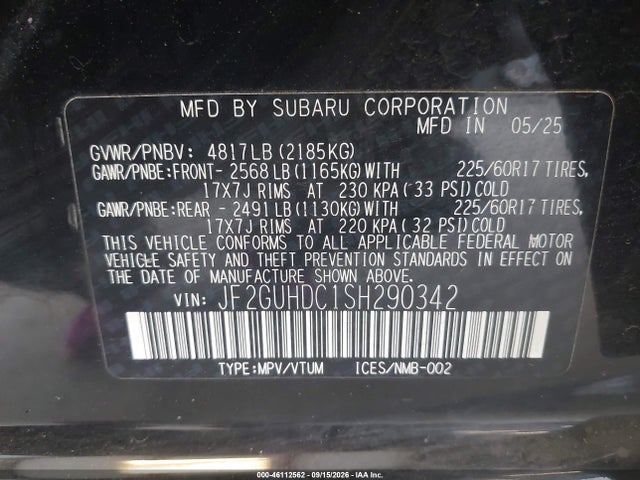 Продаж на аукціоні авто 2025 Subaru Crosstrek Premium, vin: JF2GUHDC1SH290342, номер лоту: 46112562