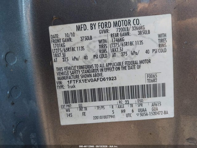 Продажа на аукционе авто 2010 Ford F-150 Fx4/lariat/xl/xlt, vin: 1FTFX1EV0AFD61923, номер лота: 46112566