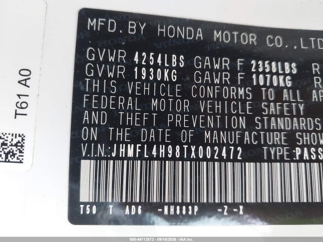 Продажа на аукционе авто 2026 Honda Civic Hybrid Sport Touring, vin: JHMFL4H98TX002472, номер лота: 46112572