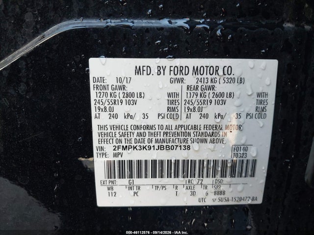 Aukcja sprzedaży 2018 Ford Edge Titanium, vin: 2FMPK3K91JBB07138, numer aukcji: 46112576