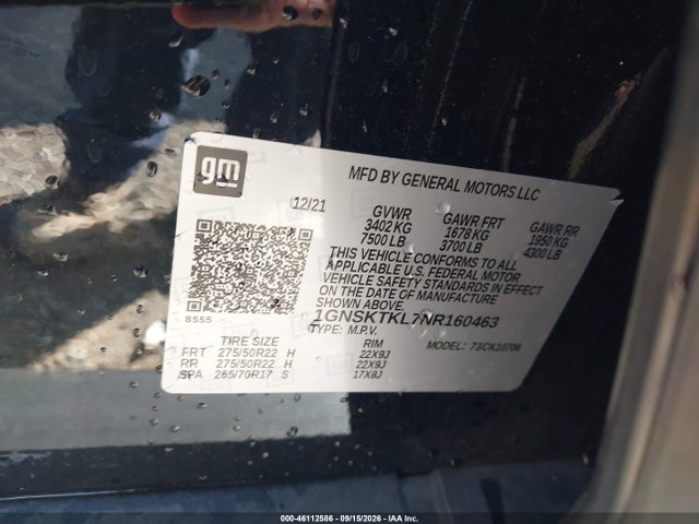 Продажа на аукционе авто 2022 Chevrolet Tahoe 4wd High Country, vin: 1GNSKTKL7NR160463, номер лота: 46112586