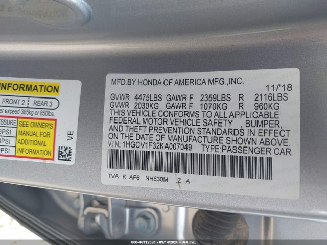 2019 Honda Accord Sport მანქანა იყიდება აუქციონზე, vin: 1HGCV1F32KA007049, აუქციონის ნომერი: 46112591