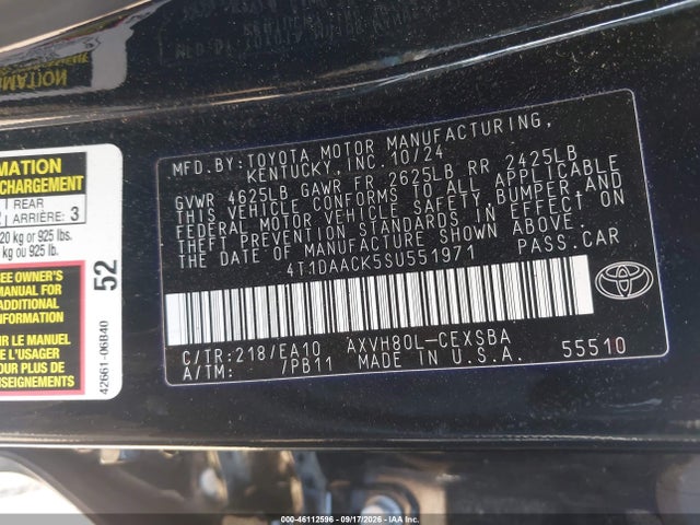 Продаж на аукціоні авто 2025 Toyota Camry Se, vin: 4T1DAACK5SU551971, номер лоту: 46112596