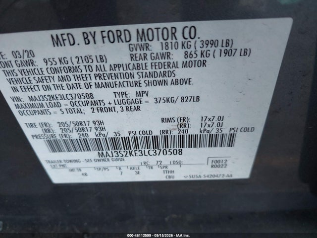 Aukcja sprzedaży 2020 Ford Ecosport Titanium, vin: MAJ3S2KE3LC370508, numer aukcji: 46112599