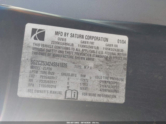 46112602 :رقم المزاد ، 5GZCZ53424S841826 vin ، 2004 Saturn Vue V6 مزاد بيع