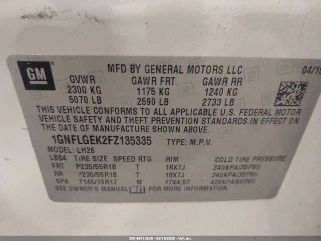 46112609 :رقم المزاد ، 1GNFLGEK2FZ135335 vin ، 2015 Chevrolet Equinox 2lt مزاد بيع