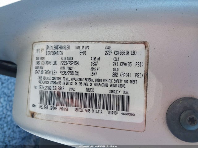 Продажа на аукционе авто 2001 Dodge Dakota Slt/sport, vin: 1B7HL2AN21S310947, номер лота: 46112611