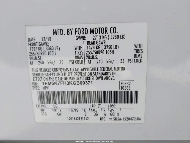 2019 Ford Explorer Limited მანქანა იყიდება აუქციონზე, vin: 1FM5K7FH3KGB09371, აუქციონის ნომერი: 46112615