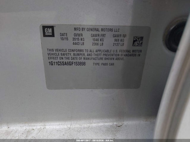 46112617 :رقم المزاد ، 1G11C5SA6GF153898 vin ، 2016 Chevrolet Malibu Limited Lt مزاد بيع