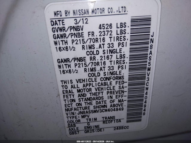Продажа на аукционе авто 2012 Nissan Rogue S, vin: JN8AS5MV3CW404949, номер лота: 46112622