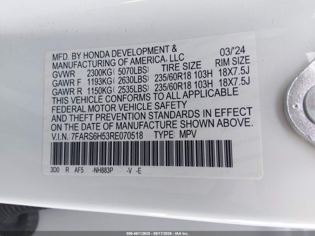Aukcja sprzedaży 2024 Honda Cr-v Hybrid Sport, vin: 7FARS6H53RE070518, numer aukcji: 46112625