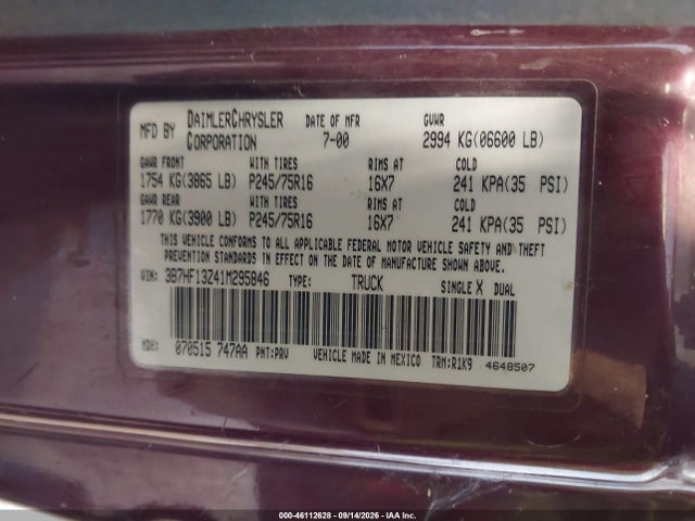 Продаж на аукціоні авто 2001 Dodge Ram 1500 St, vin: 3B7HF13Z41M295846, номер лоту: 46112628