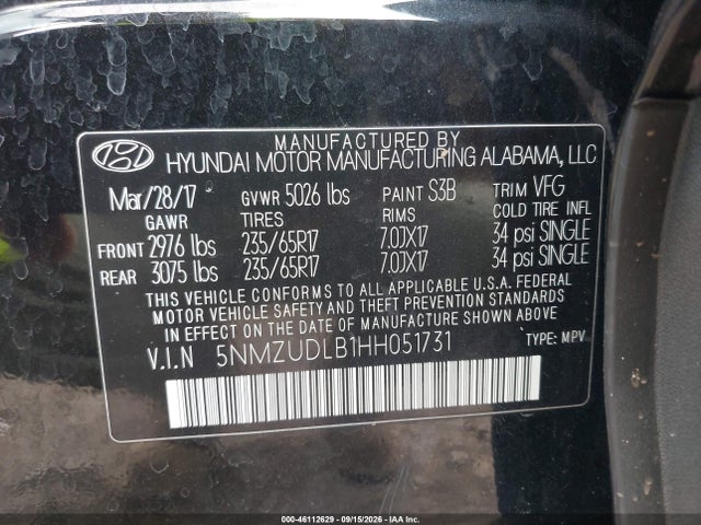 46112629 :رقم المزاد ، 5NMZUDLB1HH051731 vin ، 2017 Hyundai Santa Fe Sport 2.4l مزاد بيع