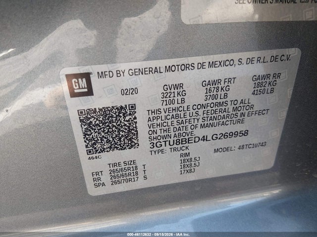 46112632 :رقم المزاد ، 3GTU8BED4LG269958 vin ، 2020 Gmc Sierra 1500 2wd  Standard Box Sle مزاد بيع