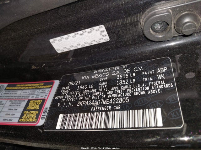 46112638 :رقم المزاد ، 3KPA24AD7ME422805 vin ، 2021 Kia Rio S مزاد بيع