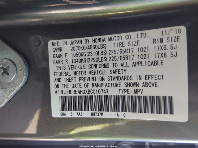 46112641 :رقم المزاد ، JHLRE4H3XBC010747 vin ، 2011 Honda Cr-v Lx مزاد بيع