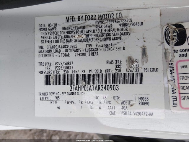 Продажа на аукционе авто 2010 Ford Fusion Sel, vin: 3FAHP0JA1AR340903, номер лота: 46112649