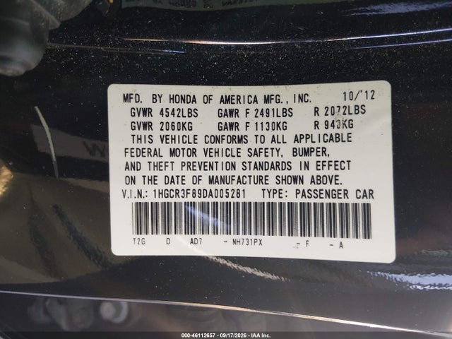 Aukcja sprzedaży 2013 Honda Accord Ex-l V-6, vin: 1HGCR3F89DA005281, numer aukcji: 46112657