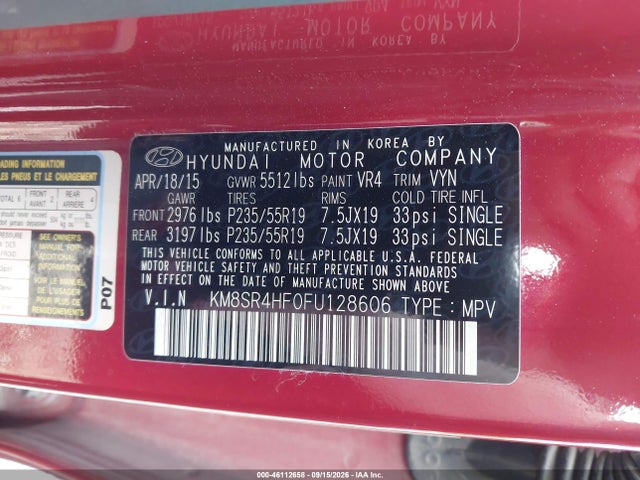 46112658 :رقم المزاد ، KM8SR4HF0FU128606 vin ، 2015 Hyundai Santa Fe Limited مزاد بيع