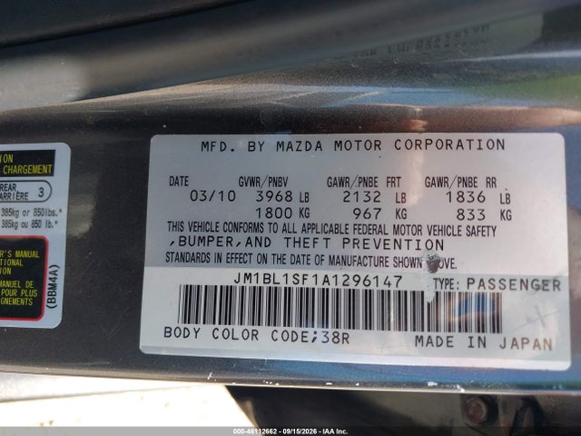 Aukcja sprzedaży 2010 Mazda Mazda3 I Touring, vin: JM1BL1SF1A1296147, numer aukcji: 46112662