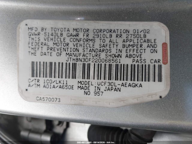 Aukcja sprzedaży 2002 Lexus Ls 430, vin: JTHBN30F220068561, numer aukcji: 46112665