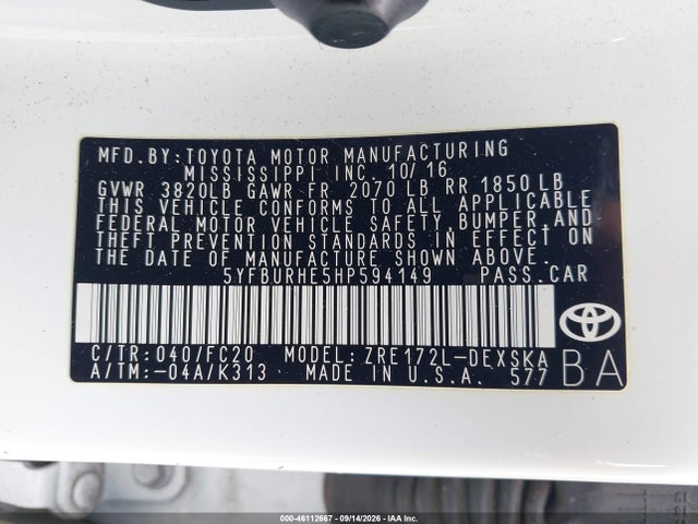 Продажа на аукционе авто 2017 Toyota Corolla Se, vin: 5YFBURHE5HP594149, номер лота: 46112667