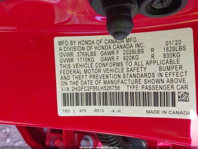 2020 Honda Civic Lx მანქანა იყიდება აუქციონზე, vin: 2HGFC2F66LH526756, აუქციონის ნომერი: 46112671