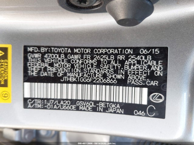 Продаж на аукціоні авто 2015 Lexus Es 350, vin: JTHBK1GG6F2206866, номер лоту: 46112686