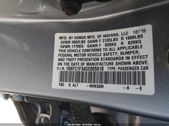 2016 Honda Civic Ex-t მანქანა იყიდება აუქციონზე, vin: 19XFC1F34GE005518, აუქციონის ნომერი: 46112694