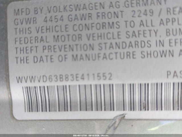 Aukcja sprzedaży 2003 Volkswagen Passat Gls, vin: WVWVD63B83E411552, numer aukcji: 46112708