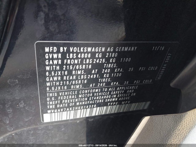 Auction sale of the 2017 Volkswagen Tiguan 2.0t/2.0t S, vin: WVGAV7AX2HK014326, lot number: 46112713