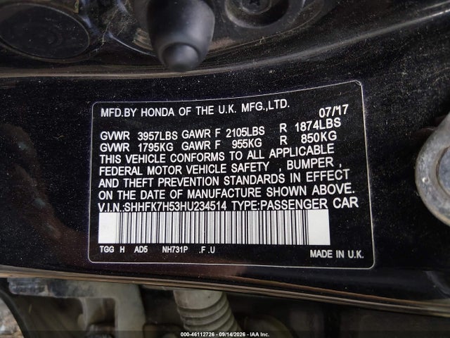 46112726 :رقم المزاد ، SHHFK7H53HU234514 vin ، 2017 Honda Civic Ex مزاد بيع