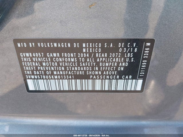 3VWN57BU5KM013341 Volkswagen Jetta 1.4t S