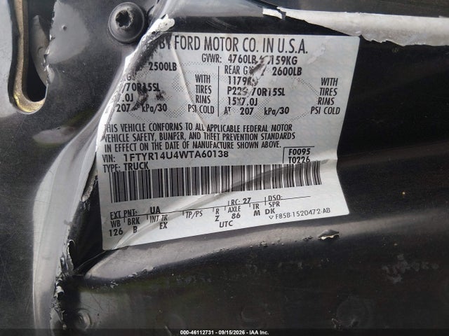 1998 Ford Ranger Splash/xl/xlt მანქანა იყიდება აუქციონზე, vin: 1FTYR14U4WTA60138, აუქციონის ნომერი: 46112731