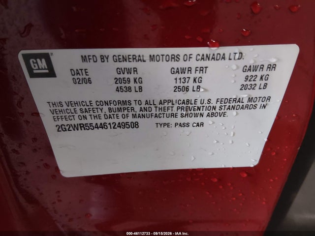Продажа на аукционе авто 2006 Pontiac Grand Prix Gt, vin: 2G2WR554461249508, номер лота: 46112733