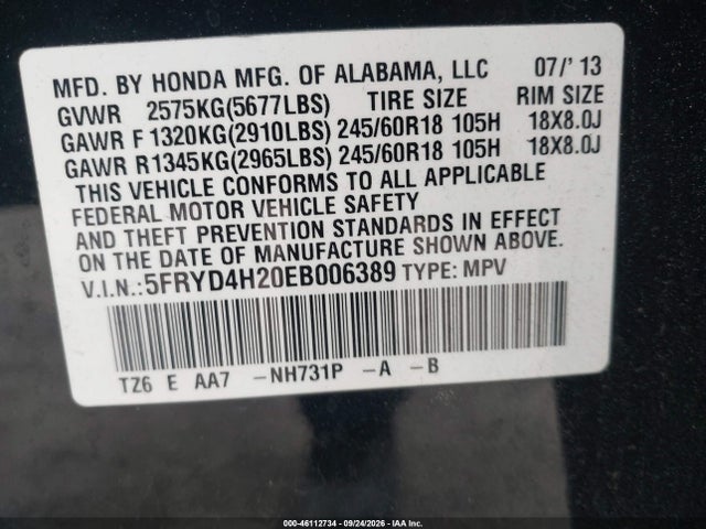 2014 Acura Mdx მანქანა იყიდება აუქციონზე, vin: 5FRYD4H20EB006389, აუქციონის ნომერი: 46112734