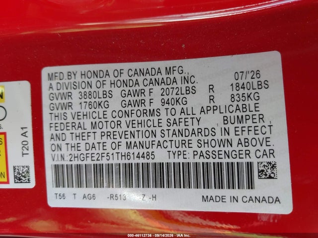 2HGFE2F51TH614485 Honda Civic Sport