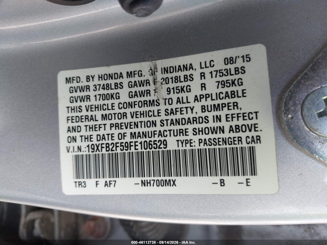 2015 Honda Civic Lx მანქანა იყიდება აუქციონზე, vin: 19XFB2F59FE106529, აუქციონის ნომერი: 46112738
