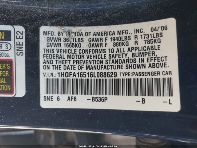 46112739 :رقم المزاد ، 1HGFA16516L088629 vin ، 2006 Honda Civic Lx مزاد بيع