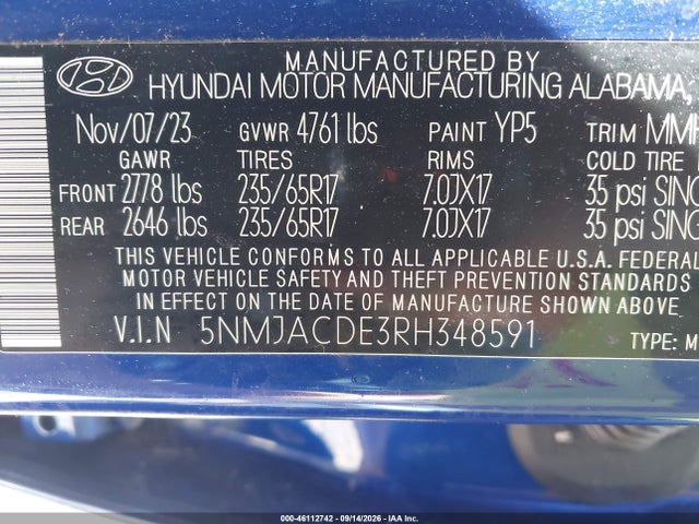 46112742 :رقم المزاد ، 5NMJACDE3RH348591 vin ، 2024 Hyundai Tucson Se مزاد بيع