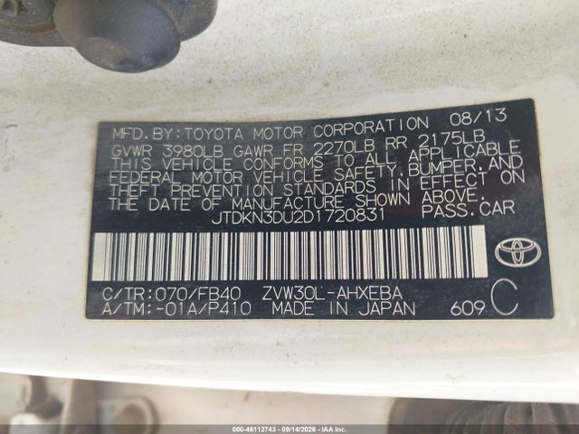 Aukcja sprzedaży 2013 Toyota Prius Two, vin: JTDKN3DU2D1720831, numer aukcji: 46112743