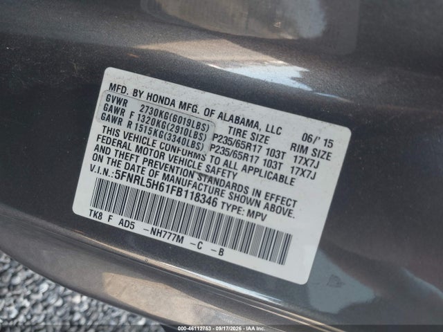 Aukcja sprzedaży 2015 Honda Odyssey Ex-l, vin: 5FNRL5H61FB118346, numer aukcji: 46112753