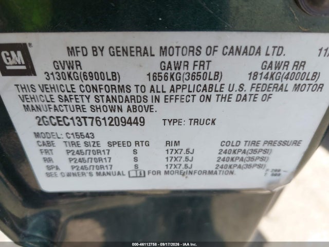 2006 Chevrolet Silverado 1500 Lt1 მანქანა იყიდება აუქციონზე, vin: 2GCEC13T761209449, აუქციონის ნომერი: 46112758
