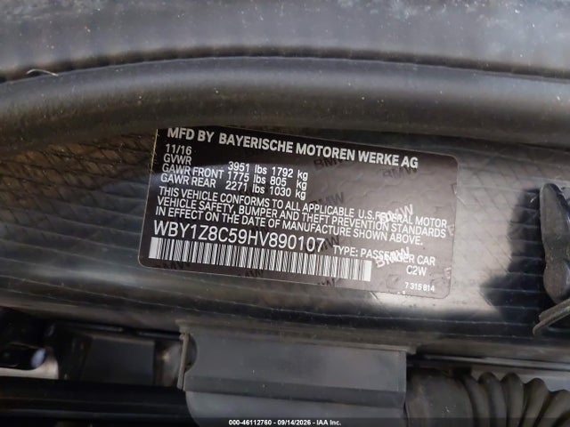 46112760 :رقم المزاد ، WBY1Z8C59HV890107 vin ، 2017 Bmw I3 94 Ah W/range Extender مزاد بيع