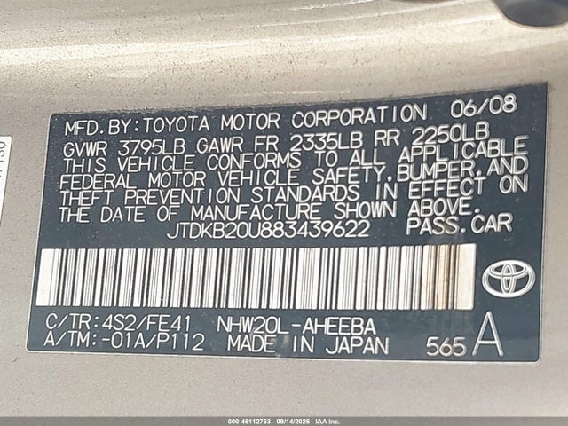 2008 Toyota Prius მანქანა იყიდება აუქციონზე, vin: JTDKB20U883439622, აუქციონის ნომერი: 46112763