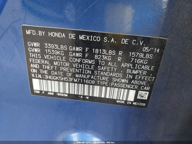 2015 Honda Fit Lx მანქანა იყიდება აუქციონზე, vin: 3HGGK5H53FM711608, აუქციონის ნომერი: 46112777