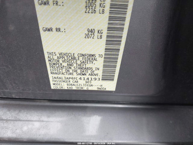 Продаж на аукціоні авто 2015 Nissan Altima 2.5 S, vin: 1N4AL3AP4FC414193, номер лоту: 46112788